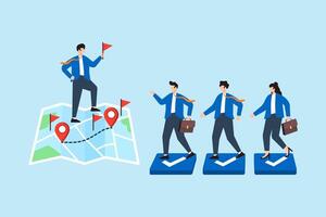 Flat illustration of business leader placing red flags on roadmap while team follows through strategic checkmark checkpoints vector