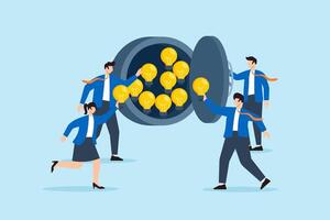Flat illustration of business leader unlocking vault filled with bright ideas while team gathers innovation resources for startup mission vector
