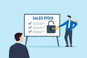 Flat illustration of confident businessman unlocking padlock on whiteboard to present sales pitch strategy to client vector