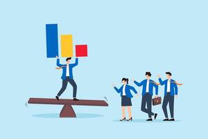 Flat illustration of business leader balancing colorful charts on seesaw while team coordinates productivity strategy vector
