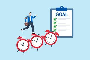 Flat illustration of businessman stepping on red alarm clocks toward goal checklist to represent productivity and time management vector