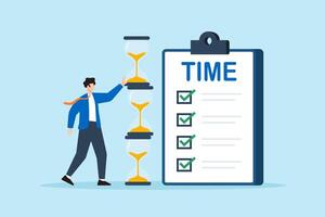 Flat illustration of businessman stacking hourglass blocks next to time checklist to represent deadline and productivity management vector