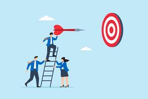 Flat illustration of business leader launching dart at target while team supports ladder as symbol of strategic planning and teamwork vector