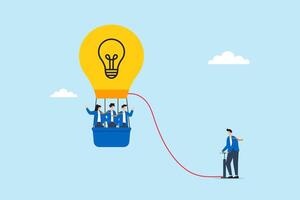 Flat illustration of business leader inflating idea balloon lifting team in basket toward innovation success vector