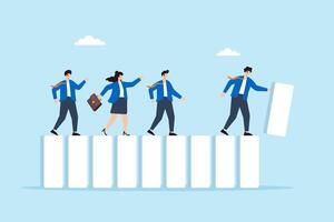 Flat illustration of business leader placing domino tiles to build workflow path while team follows vector