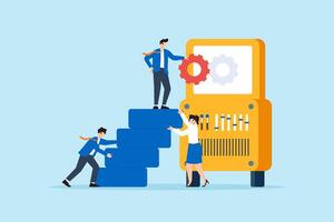 Flat illustration of business leader inserting gear into productivity machine with team support for innovation vector