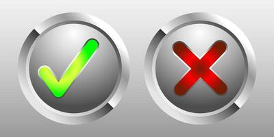Glossy neon green check mark and neon red cross symbol on silver rounded button vector