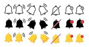 Different variations of notification bell icons suitable for web or app design projects in need of alert or notification symbols. illustration vector