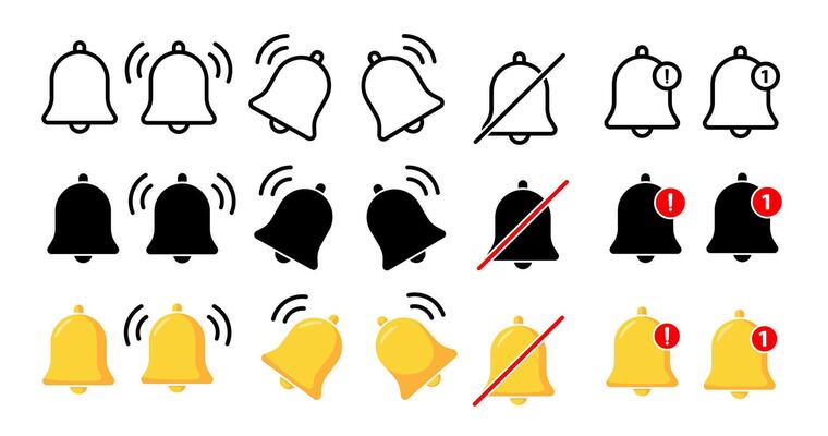 Different variations of notification bell icons suitable for web or app design projects in need of alert or notification symbols. illustration