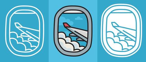 Cartoon airplane window view sticker with wing and clouds vector