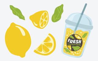 Lemon and lemonade drink with mint leaves in flat playful style vector
