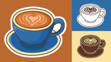 Cartoon coffee cup sticker with latte art design vector