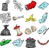 Cartoon waste collection with various types of trash illustrations vector