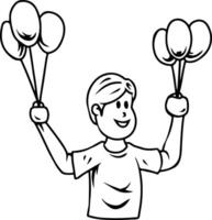 Smiling boy holding balloons in both hands line art illustration vector