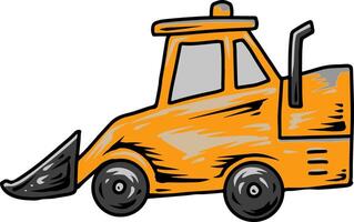 Cartoon bulldozer side view in yellow with scoop and wheels vector