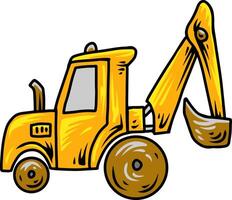 Yellow cartoon backhoe loader with digging arm side view vector