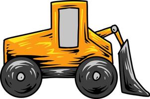 Cartoon orange bulldozer with angled front blade side view vector