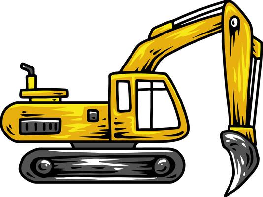 Cartoon excavator with crawler tracks and digging arm