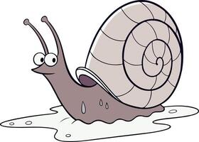 Cartoon-style snail crawling under rain with puddles and drops in a soft color scheme vector