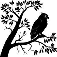 Wise Owl Silhouette Sitting on Tree Branch vector