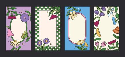 Stories template with stylized floral elements. Groovy flat design, colorful posters. Rewilding retro design vector