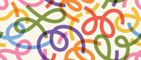 Seamless abstract pattern with colorful overlapping loops and curves. Hand-drawn textured lines on beige background. Playful modern design. vector