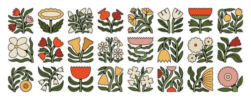 Set of stylized floral icons with bold outlines and flat colors. Retro folk flower collection in red, yellow, and white on beige. Perfect for prints and patterns. vector