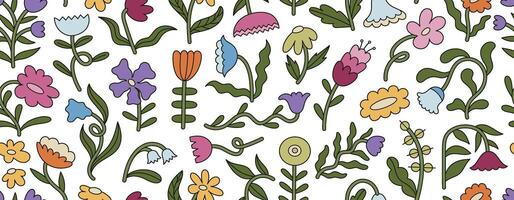 Seamless pattern of groovy floral elements with bold outlines and flat colors. Retro folk flower design vector