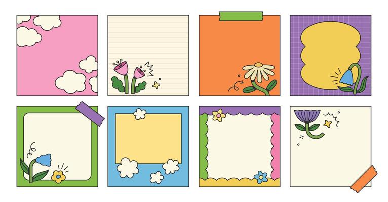 Post templates with stylized floral elements and sticker notes. Groovy flat design, colorful posters. Rewilding retro design