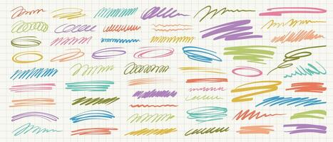 Colorful squiggle strokes and scribbles on grid background. A set of hand-drawn lines, swirls, waves and underlines for highlights, accents or notes vector
