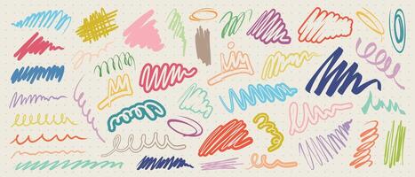 Colorful marker strokes and scribbles on grid background. A set of hand-drawn lines, swirls, and underlines for highlights, accents or notes vector