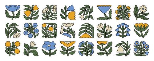 Set of stylized floral icons with bold outlines and flat colors. Retro folk flower collection in yellow, blue, and white on beige. Perfect for prints and patterns vector