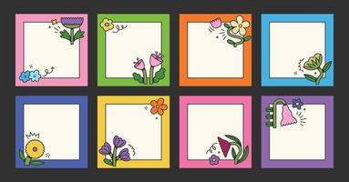 Post templates with stylized floral elements. Groovy flat design, colorful posters. Rewilding retro design vector