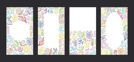 Stories template with linear art floral elements. Groovy flat design, colorful posters. Rewilding retro design vector
