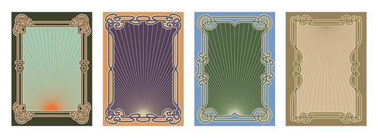 Set of four ornate Art Nouveau vintage frames with sunburst patterns, elegant floral curves, and retro color schemes. Ideal for posters, invitations, or packaging. vector