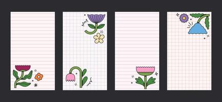 Stories template with stylized floral elements and paper sheets. Groovy flat design, colorful posters. Rewilding retro design vector