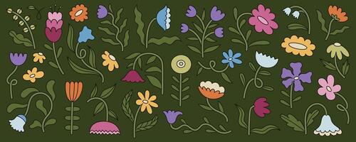 Set of hand-drawn floral line art. Cute colorful doodle flower and leaf elements. Perfect for patterns, stickers, and digital design vector