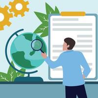 sociologists research society illustration template graphic design. analyze charts of sociological report and location on globe with luv at cartoon concept with background in flat style vector