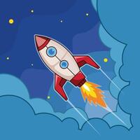 rocket launch into space illustration template graphic design . outer space exploration with stars and cloud sky for astronomy and science technology idea concept with backgrounds in flat style vector