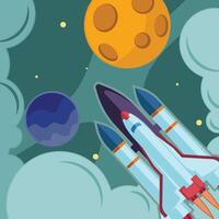 rocket launch into space illustration template graphic design . outer space exploration with stars and moon planet for astronomy and science technology idea with backgrounds in flat style vector