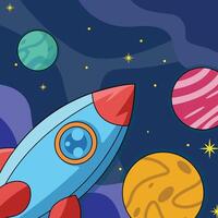 rocket launch space illustration template graphic design . outer space exploration with stars and planet for astronomy and science technology idea concept with backgrounds in flat style vector
