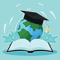 Globe with graduation cap and opened book illustration template graphic design. Study at the university world with nature concept at cartoon concept with background in flat style vector