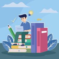 man sit on books while surfing internet with a laptop illustration template graphic design . knowledge online learning by internet education concept with background in flat style vector