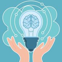 Hands holding brain lamp illustration template graphic design . Light Bulb brain working idea at cartoon concept with background in flat style vector