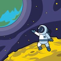 astronaut at moon and miss earth illustration template graphic design . outer space exploration with stars and planet for astronomy and science technology idea with backgrounds in flat style vector