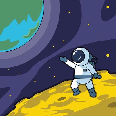 astronaut at moon and miss earth illustration template graphic design . outer space exploration with stars and planet for astronomy and science technology idea with backgrounds in flat style