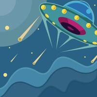 UFO in outer space illustration template graphic design . outer space exploration with shooting star for astronomy and science fiction idea concept with backgrounds in flat style vector