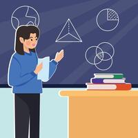 Teacher giving lesson to her students in classroom illustration template graphic design .young female teaching front of a chalkboard for symbol education concept with background in flat style vector