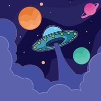 UFO in outer space illustration template graphic design . outer space exploration with stars and planet for astronomy and science fiction idea concept with backgrounds in flat style vector