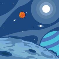 moon surface landscape view illustration template graphic design. outer space exploration with stars and planet for astronomy and science technology idea with backgrounds in flat style vector